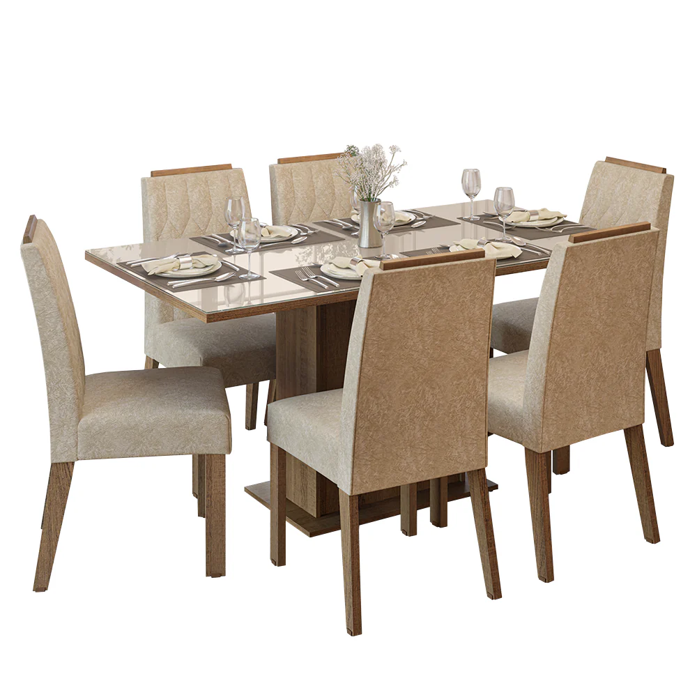 Conjunto Sala de Jantar Tampo de Vidro 6 Cadeiras Rustic/Crema/Imperial Azaleia Madesa - Image 2