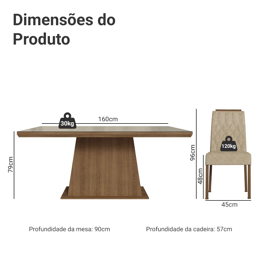 Conjunto Sala de Jantar Tampo com Vidro 6 Cadeiras Rustic/Crema/Imperial Colmar Madesa - Image 3