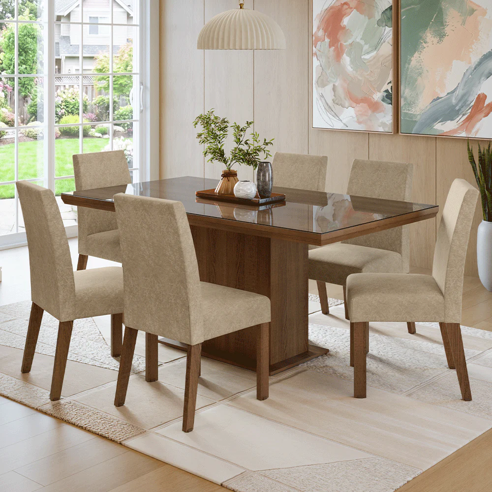 Conjunto Sala de Jantar Tampo com Vidro 6 Cadeiras Rustic/Imperial Alba Madesa