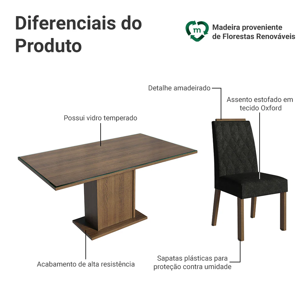 Conjunto Sala de Jantar Tampo de Vidro 6 Cadeiras Rustic/Oxford Azaleia Madesa - Image 4