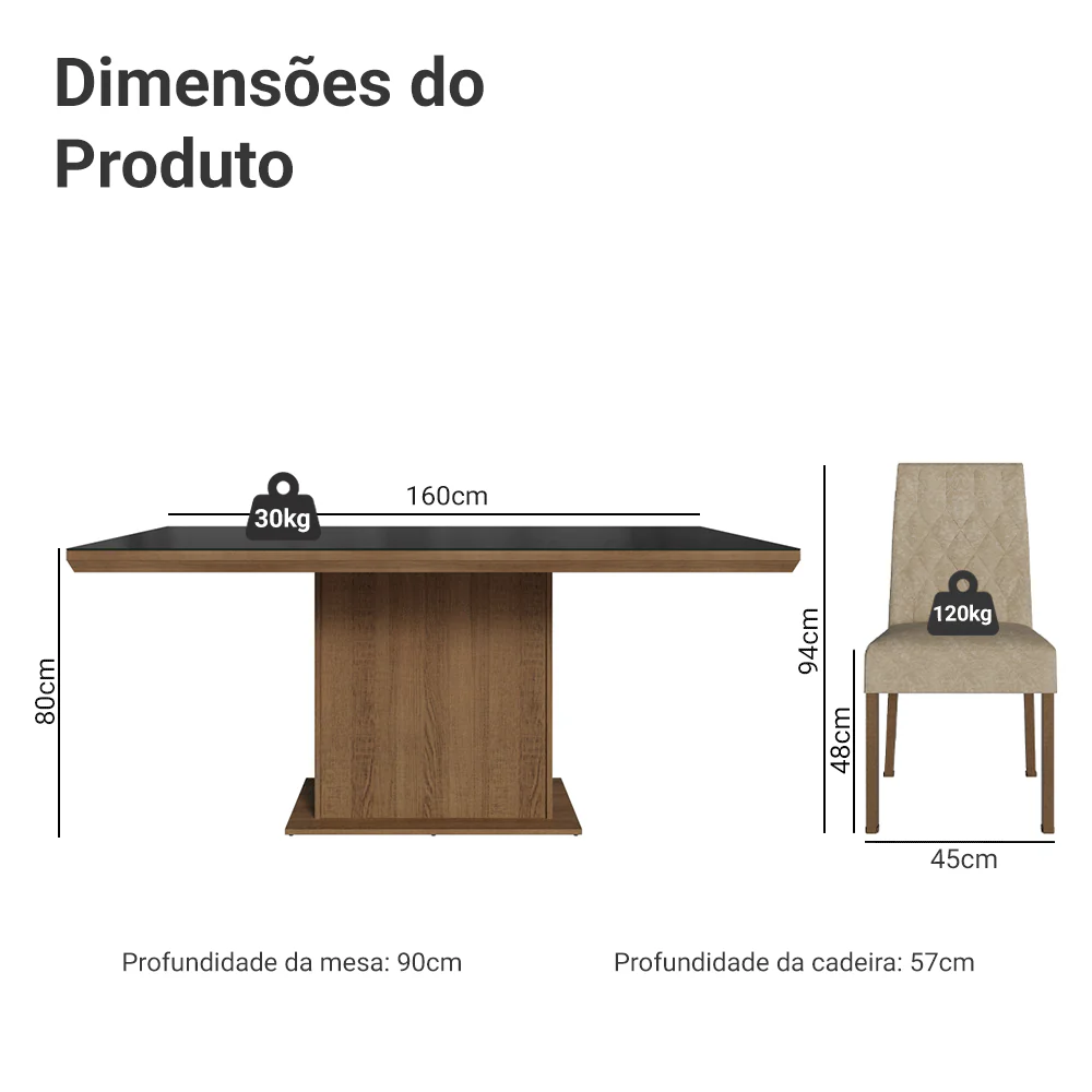 Conjunto Sala de Jantar Tampo com Vidro 6 Cadeiras Rustic/Preto/Imperial Dinan Madesa - Image 3