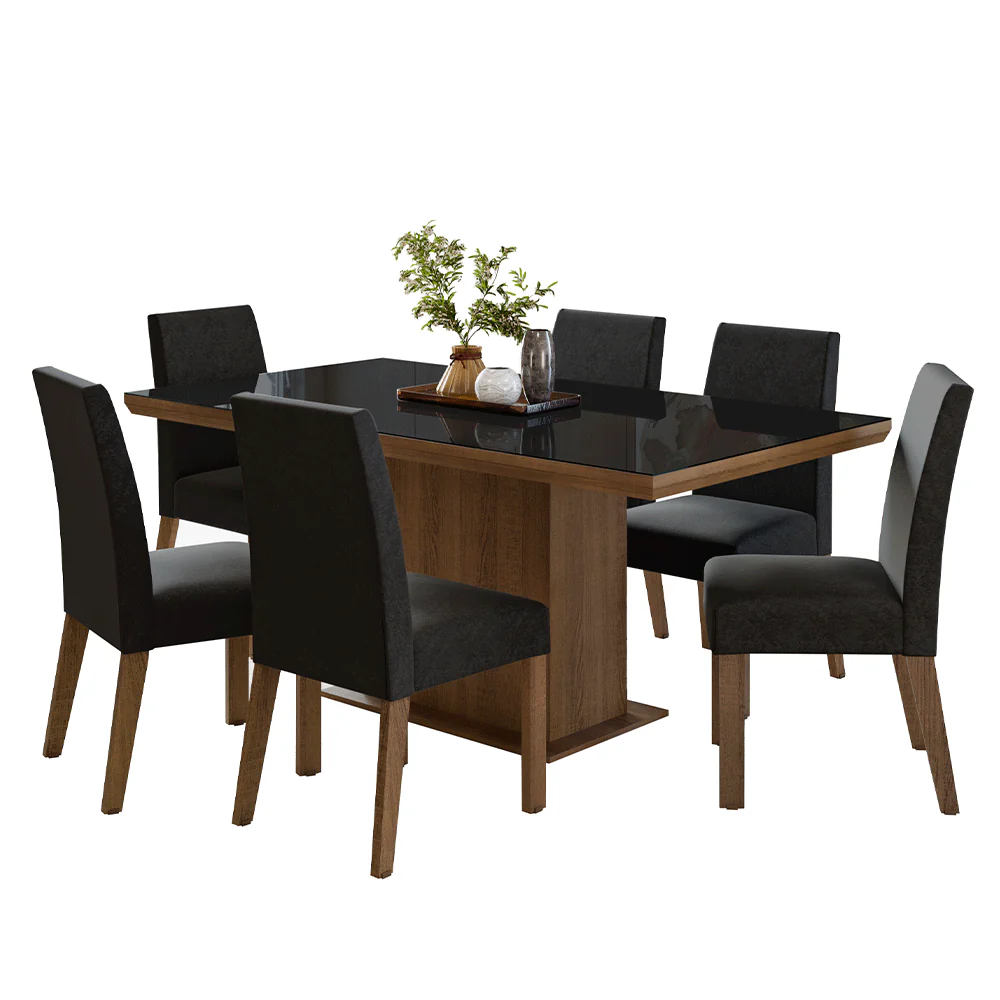 Conjunto Sala de Jantar Tampo com Vidro 6 Cadeiras Rustic/Preto/Oxford Alba Madesa - Image 2