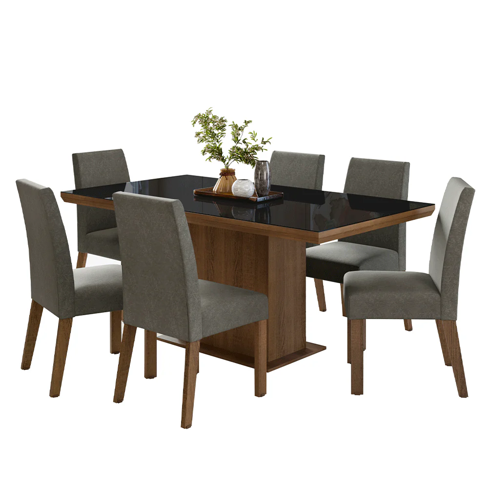 Conjunto Sala de Jantar Tampo com Vidro 6 Cadeiras Rustic/Preto/Silver Alba Madesa - Image 2