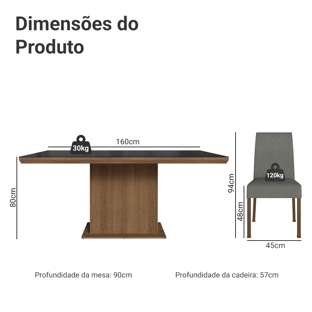 Conjunto Sala de Jantar Tampo com Vidro 6 Cadeiras Rustic/Preto/Silver Alba Madesa - Image 3