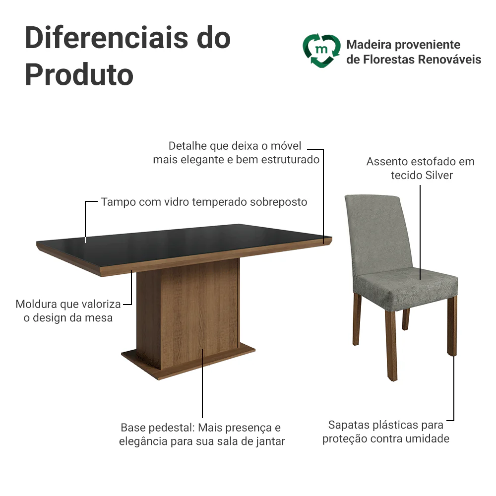 Conjunto Sala de Jantar Tampo com Vidro 6 Cadeiras Rustic/Preto/Silver Alba Madesa - Image 4