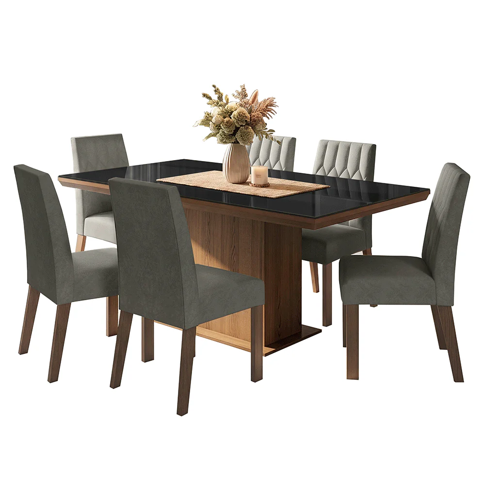Conjunto Sala de Jantar Tampo com Vidro 6 Cadeiras Rustic/Preto/Silver Dinan Madesa - Image 2