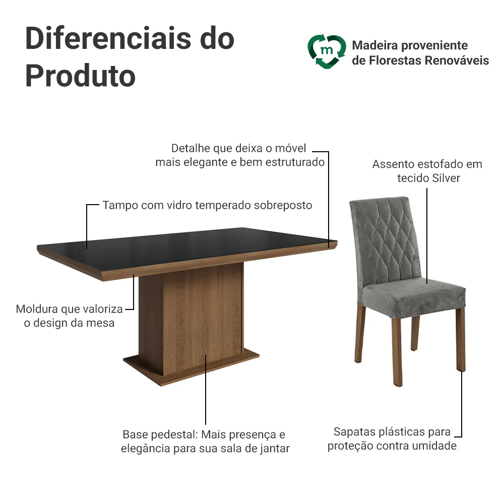 Conjunto Sala de Jantar Tampo com Vidro 6 Cadeiras Rustic/Preto/Silver Dinan Madesa - Image 4