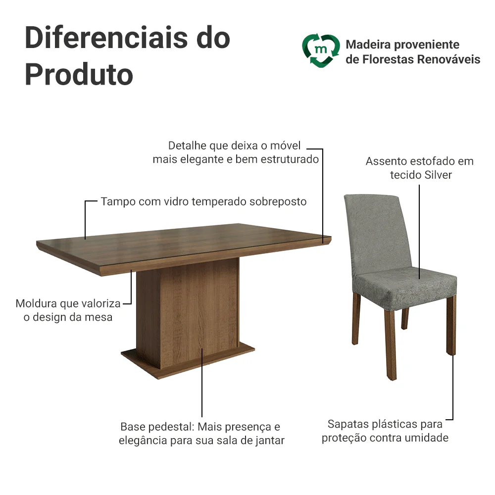 Conjunto Sala de Jantar Tampo com Vidro 6 Cadeiras Rustic/Silver Alba Madesa - Image 4