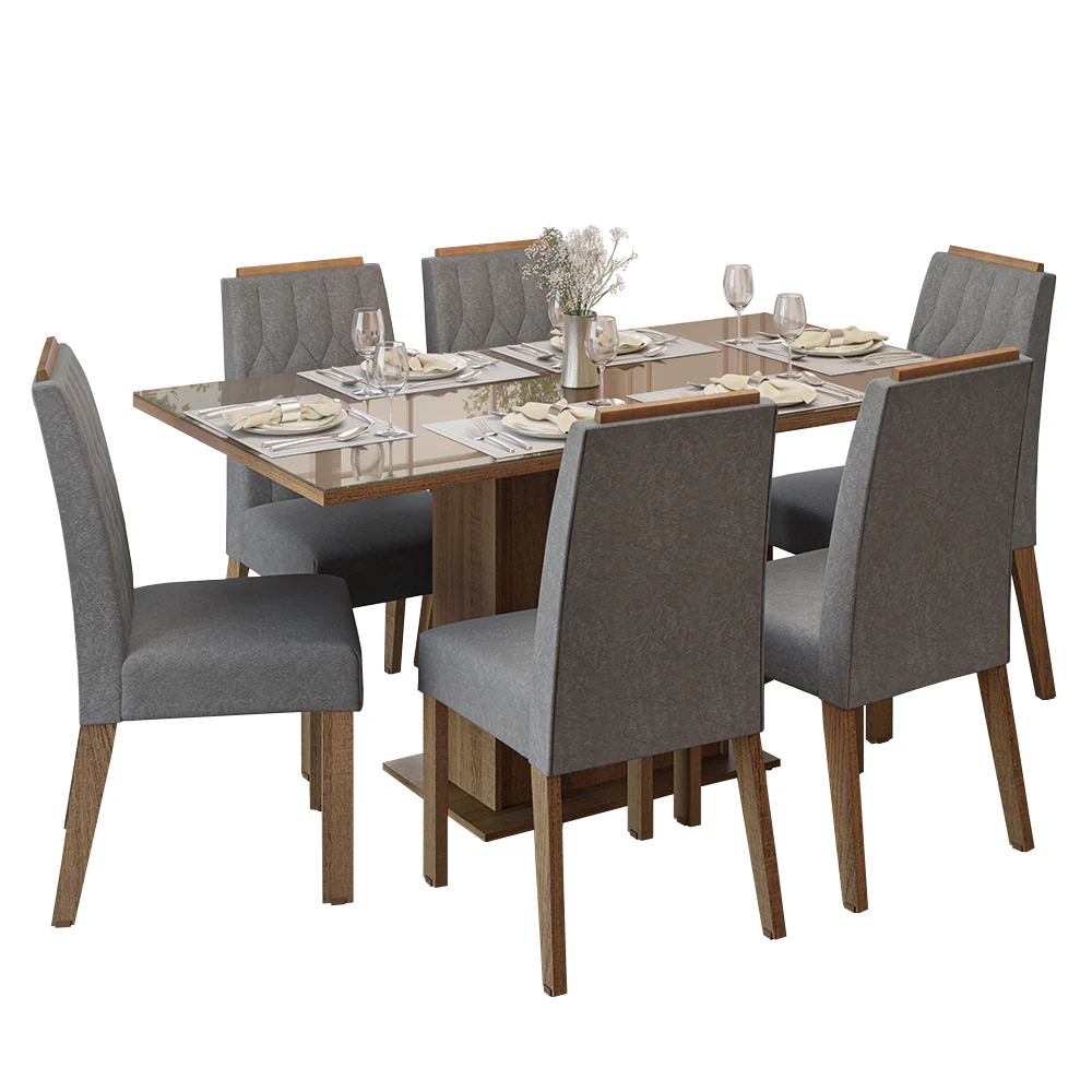 Conjunto Sala de Jantar Tampo de Vidro 6 Cadeiras Rustic/Silver Azaleia Madesa - Image 2
