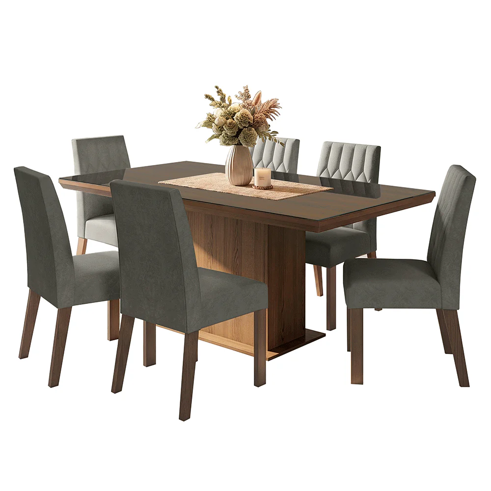Conjunto Sala de Jantar Tampo com Vidro 6 Cadeiras Rustic/Silver Dinan Madesa - Image 2