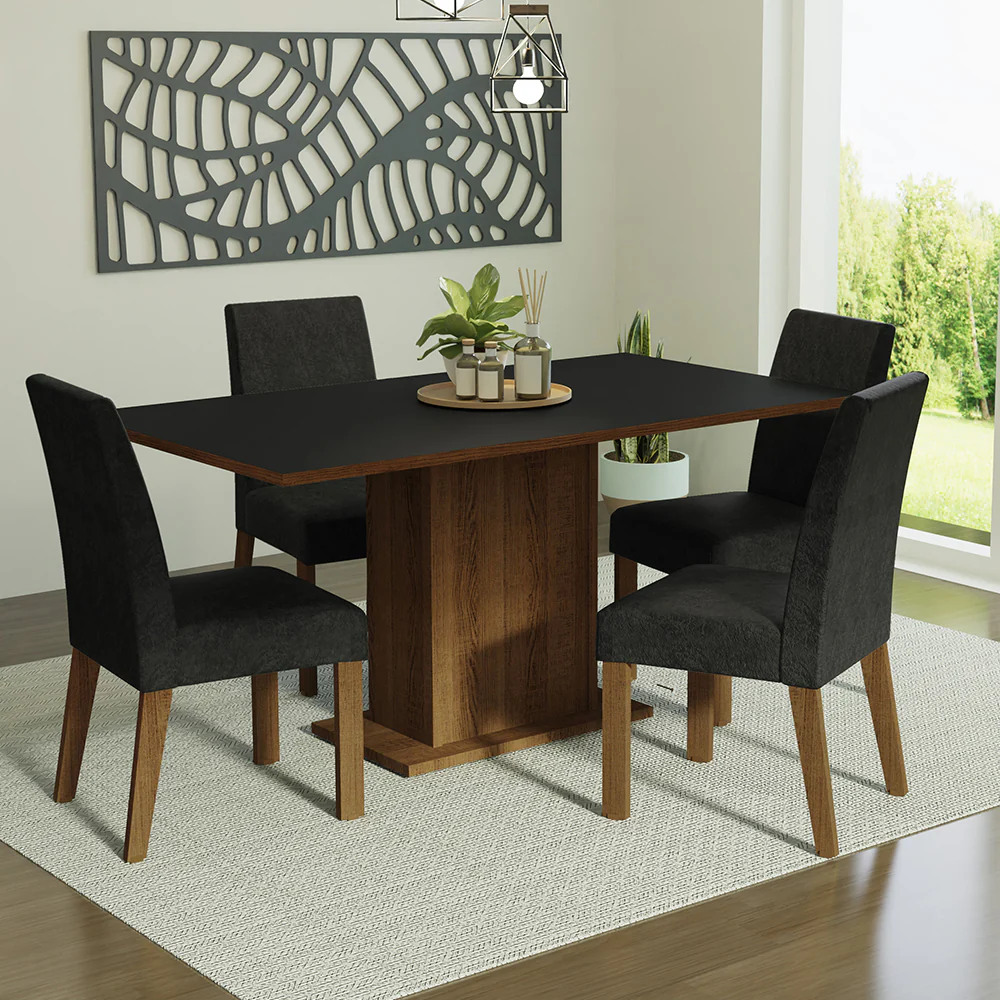 Conjunto Sala de Jantar Mesa Tampo de Madeira 4 Cadeiras Rustic/Preto/Oxford Keila Madesa