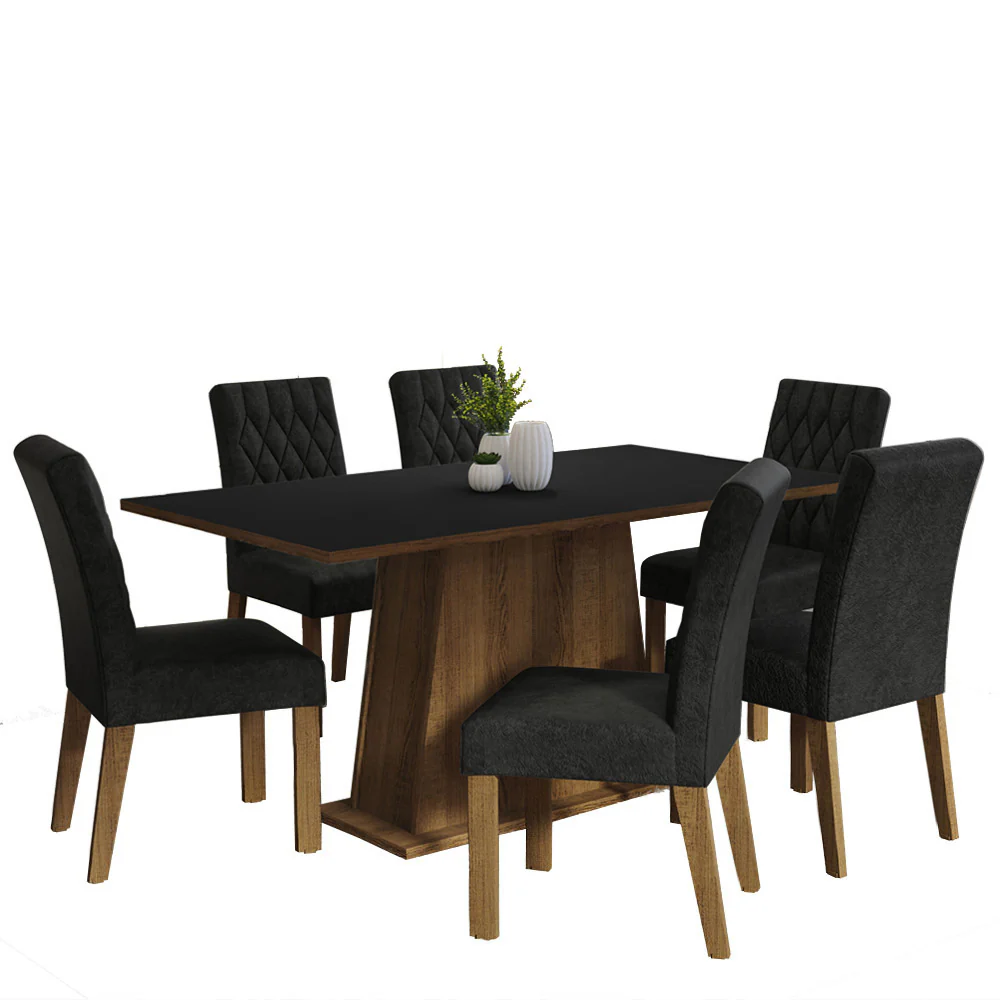 Conjunto Sala de Jantar Mesa Tampo de Madeira 6 Cadeiras Rustic/Preto/Oxford Britney Madesa - Image 2