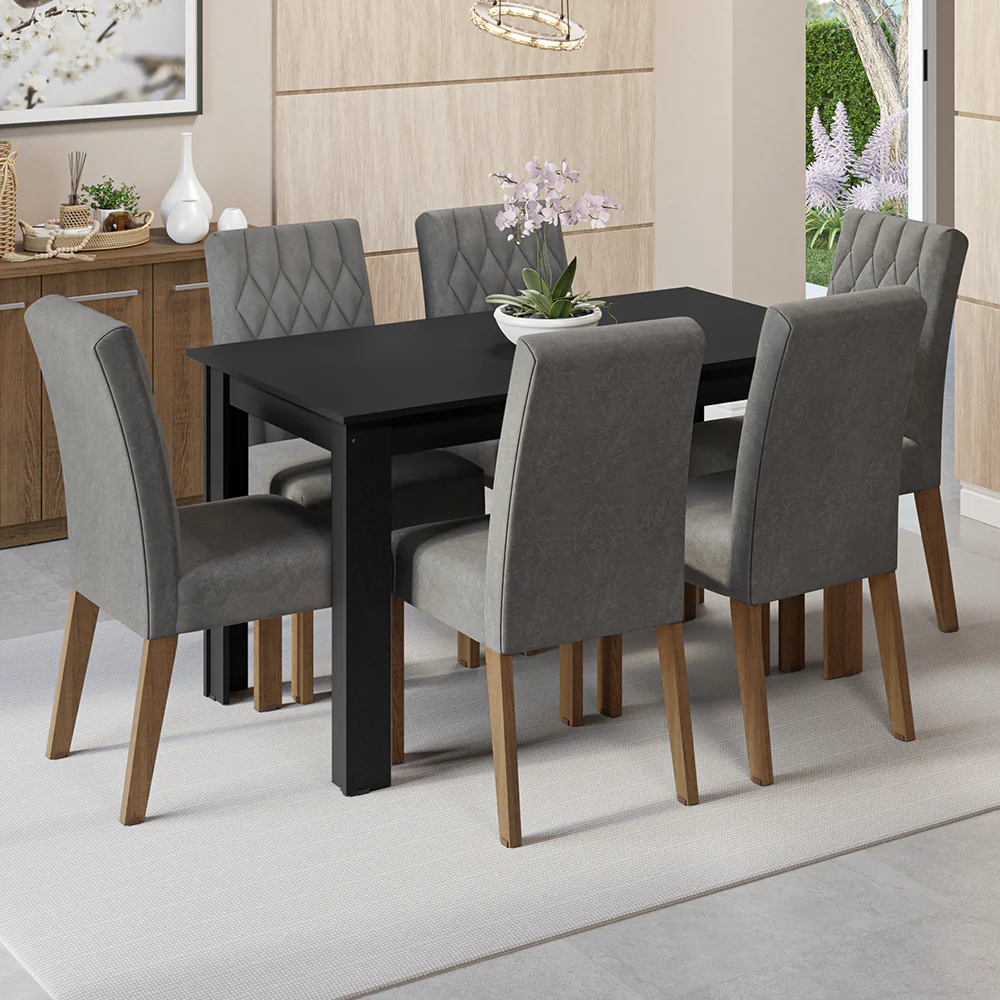Conjunto Sala de Jantar Mesa Tampo de Madeira 6 Cadeiras Rustic/Preto/Silver Allegro Madesa