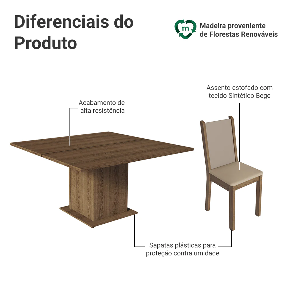 Conjunto Sala de Jantar Mesa Tampo de Madeira 8 Cadeiras Rustic/Crema/Bege Marisa Madesa - Image 4