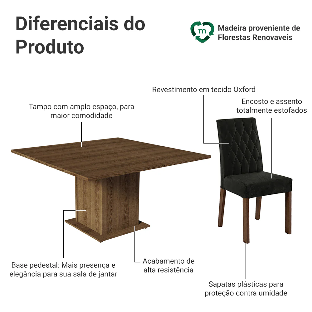 Conjunto Sala de Jantar Mesa Tampo de Madeira 8 Cadeiras Rustic/Oxford Leila Madesa - Image 4
