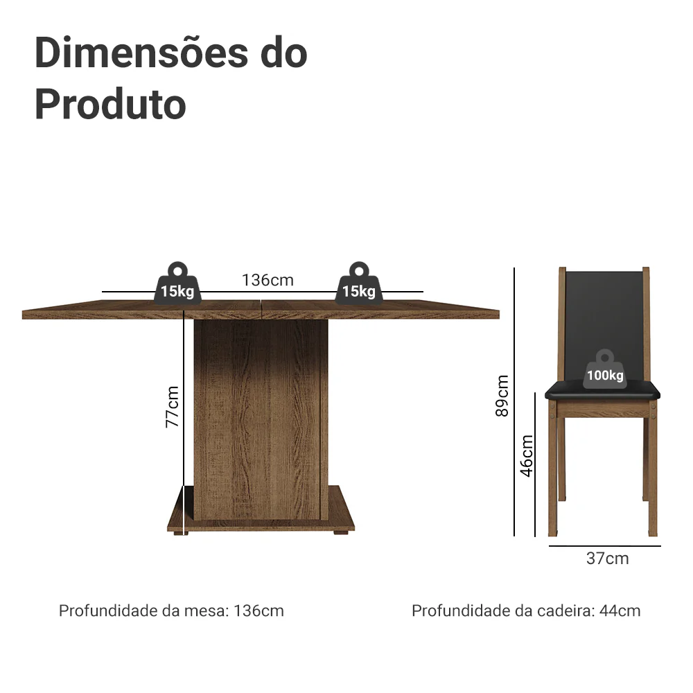 Conjunto Sala de Jantar Mesa Tampo de Madeira 8 Cadeiras Rustic/Preto Marisa Madesa - Image 3