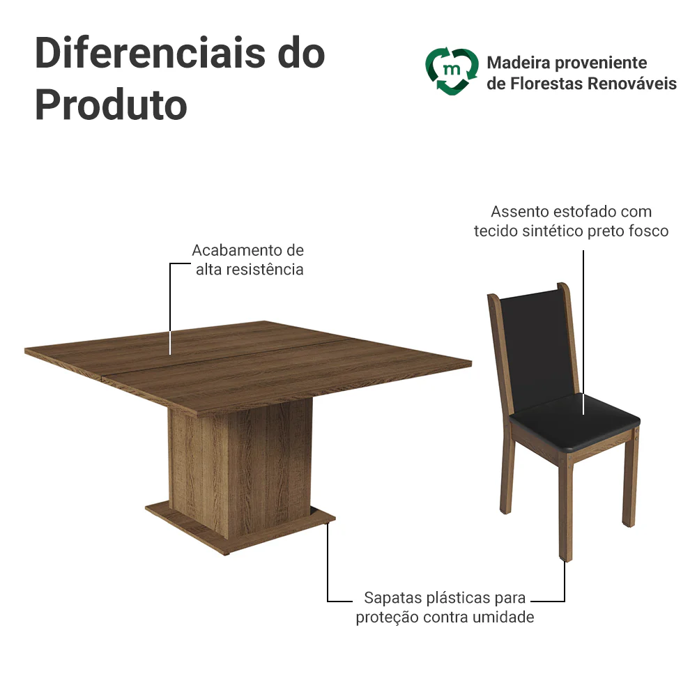 Conjunto Sala de Jantar Mesa Tampo de Madeira 8 Cadeiras Rustic/Preto Marisa Madesa - Image 4