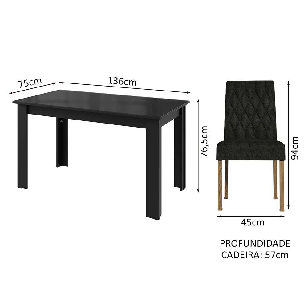 Conjunto Sala de Jantar Mesa Tampo de Vidro 4 Cadeiras Preto/Oxford Celina Madesa - Image 3