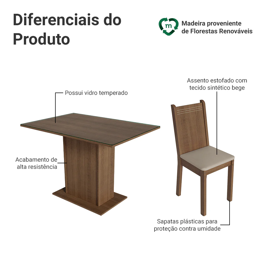 Conjunto Sala de Jantar Mesa Tampo de Vidro 4 Cadeiras Rustic/Bege Camélia Madesa - Image 4