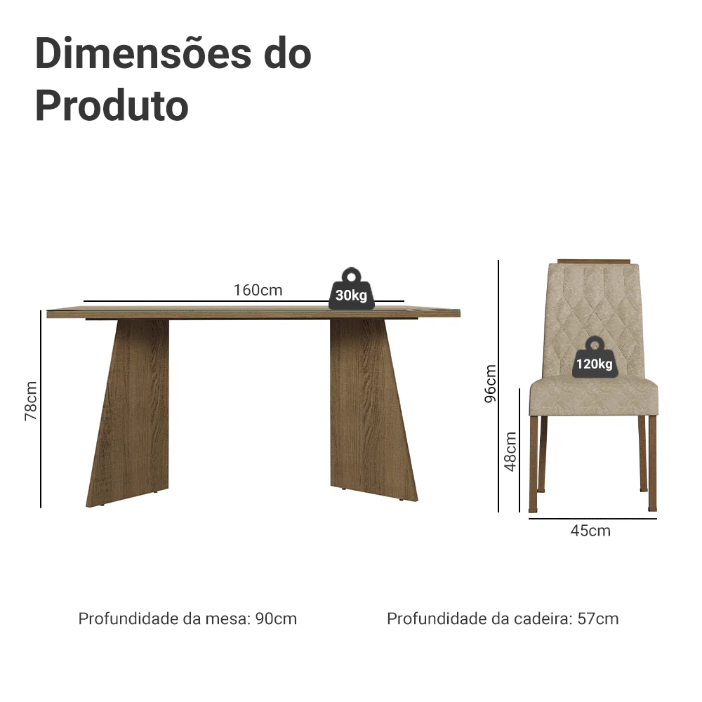 Conjunto Sala de Jantar Mesa Tampo de Vidro 4 Cadeiras Rustic/Crema/Imperial Porto Madesa - Image 3