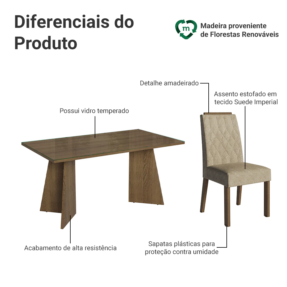 Conjunto Sala de Jantar Mesa Tampo de Vidro 4 Cadeiras Rustic/Imperial Porto Madesa - Image 4