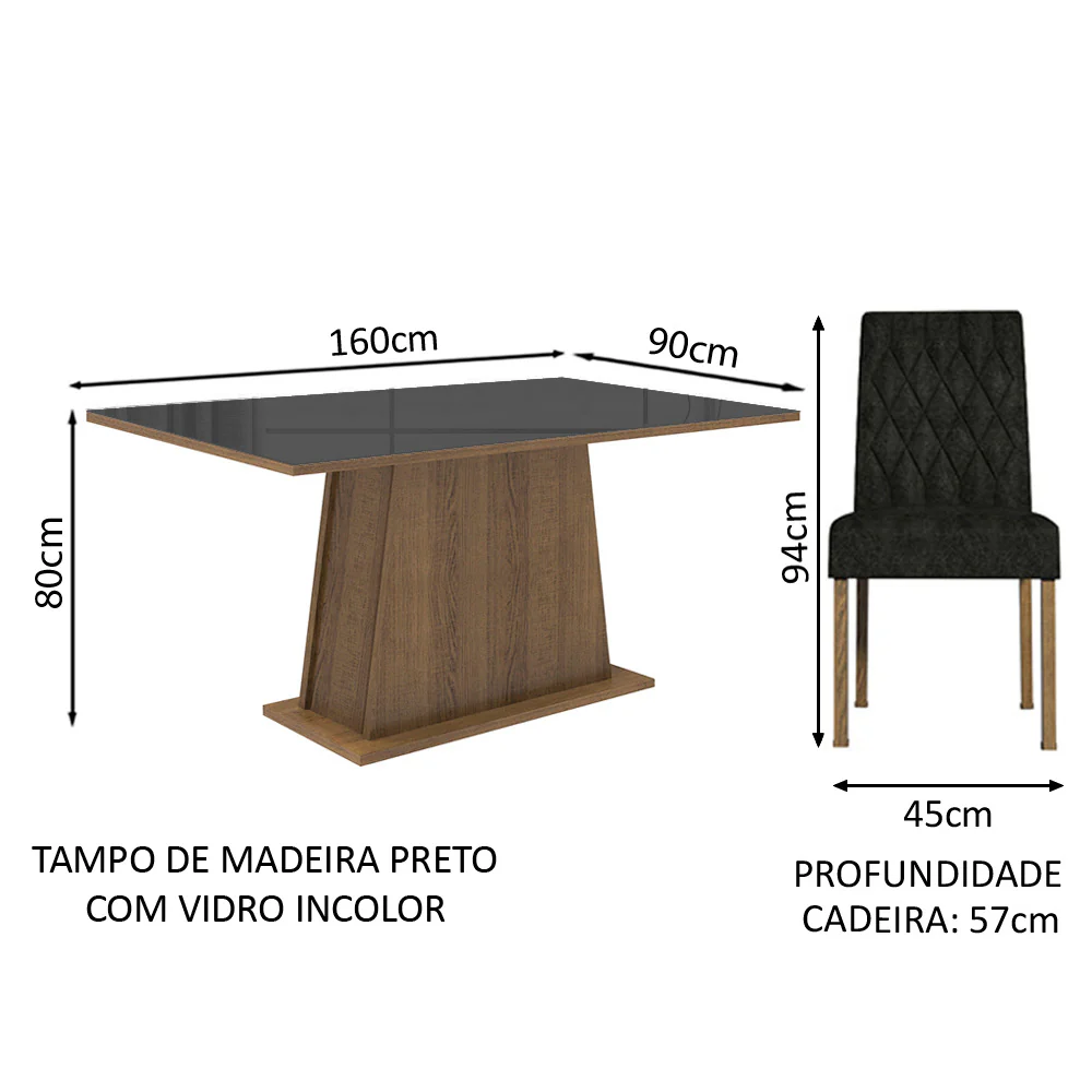 Conjunto Sala de Jantar Mesa Tampo de Vidro 4 Cadeiras Rustic/Preto/Oxford Aryeli Madesa - Image 3