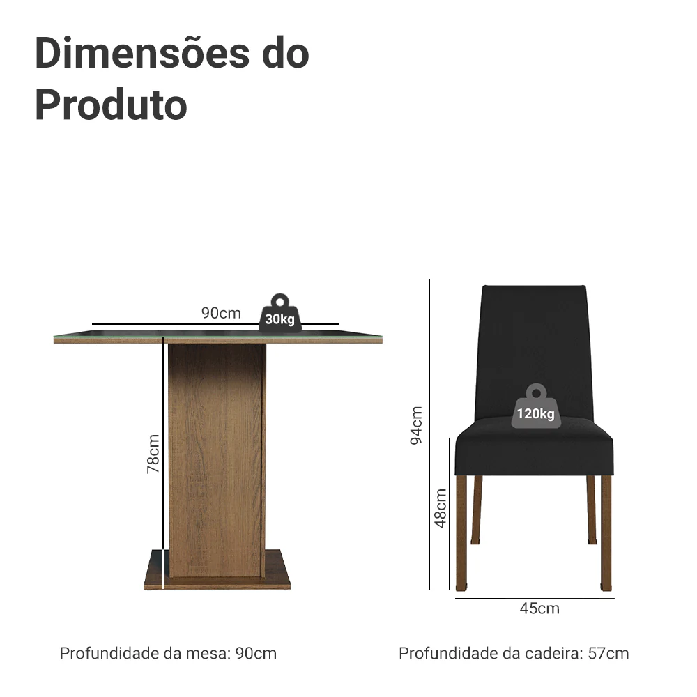 Conjunto Sala de Jantar Mesa Tampo de Vidro 4 Cadeiras Rustic/Preto Oxford Evelin Madesa - Image 3