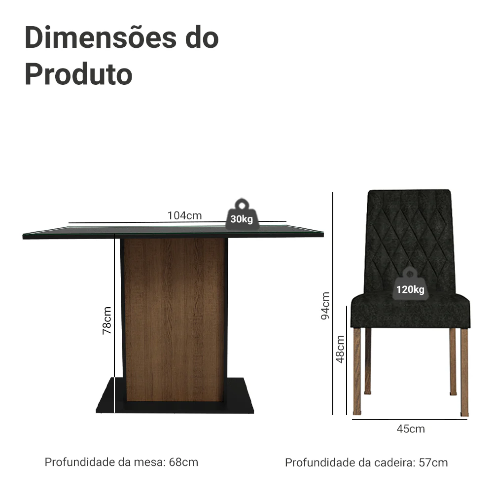 Conjunto Sala de Jantar Mesa Tampo de Vidro 4 Cadeiras Rustic/Preto/Oxford Reale Madesa - Image 2