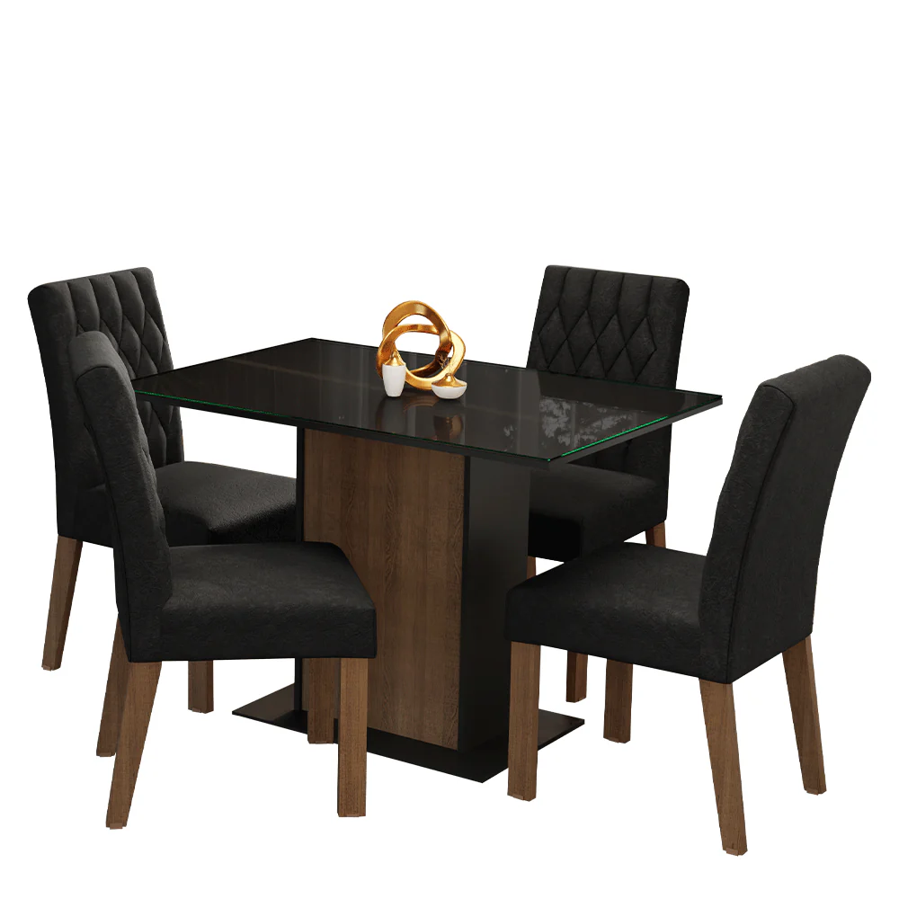 Conjunto Sala de Jantar Mesa Tampo de Vidro 4 Cadeiras Rustic/Preto/Oxford Reale Madesa - Image 3
