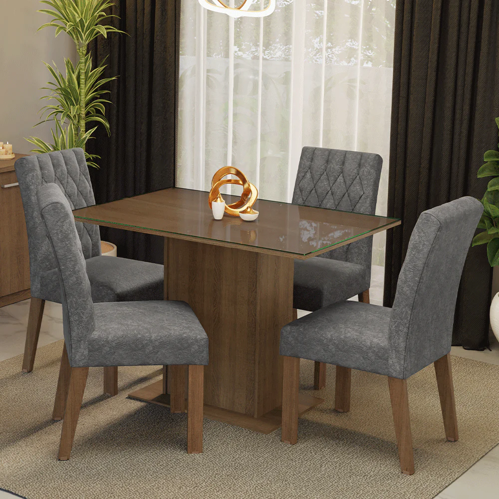 Conjunto Sala de Jantar Mesa Tampo de Vidro 4 Cadeiras Rustic/Silver Reale Madesa