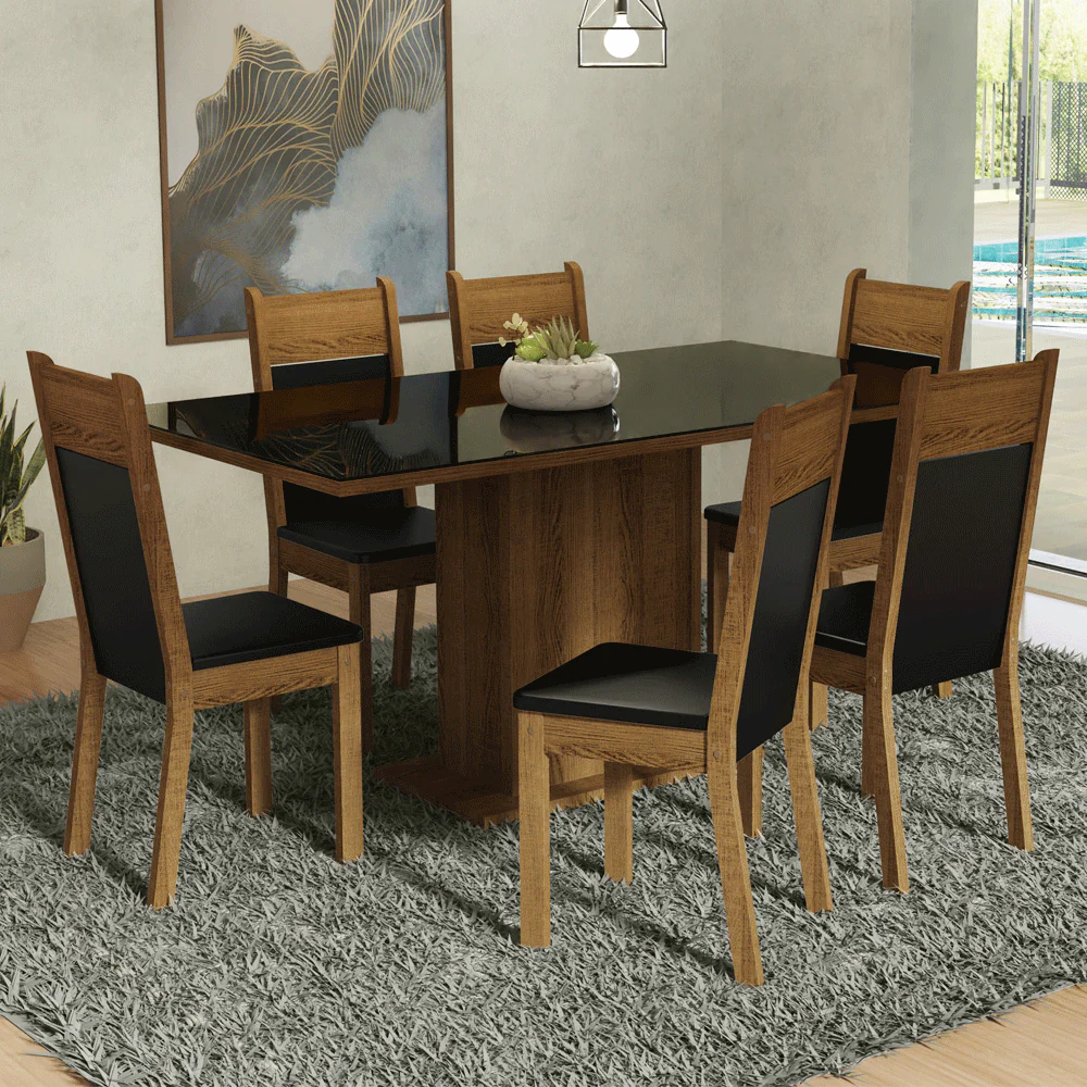 Conjunto Sala de Jantar Mesa Tampo de Vidro 6 Cadeiras Preto/Rustic Francine Madesa