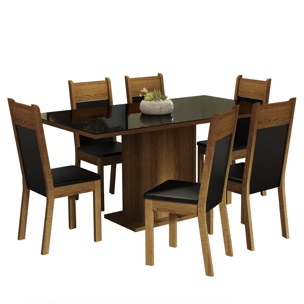 Conjunto Sala de Jantar Mesa Tampo de Vidro 6 Cadeiras Preto/Rustic Francine Madesa - Image 2