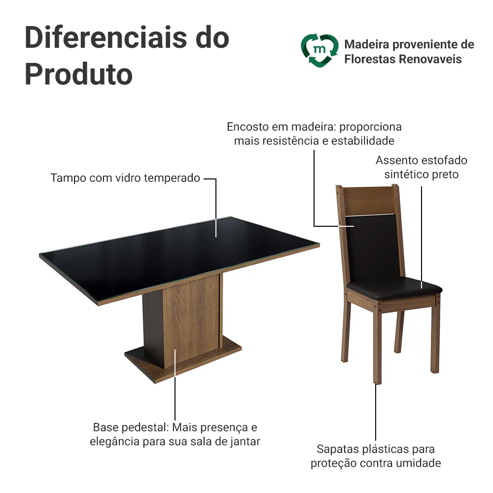 Conjunto Sala de Jantar Mesa Tampo de Vidro 6 Cadeiras Preto/Rustic Francine Madesa - Image 4