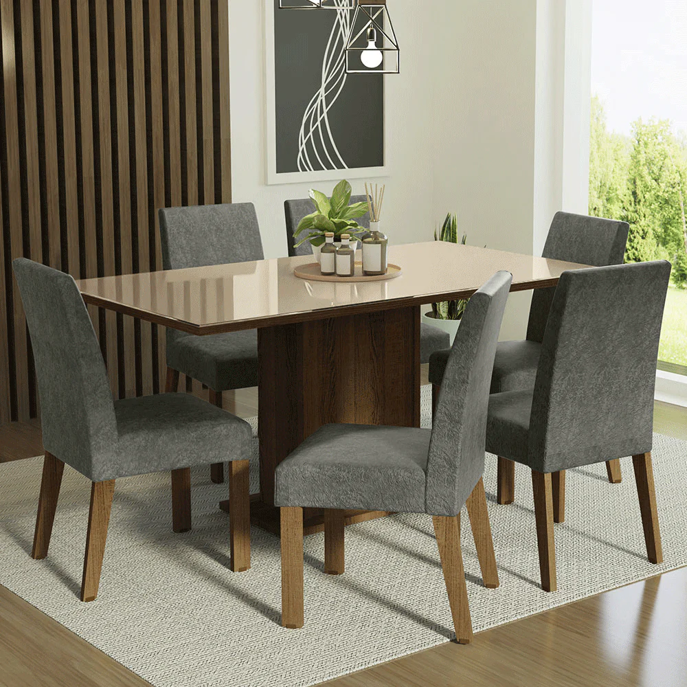 Conjunto Sala de Jantar Mesa Tampo de Vidro 6 Cadeiras Rustic/Crema/Silver Alexis Madesa