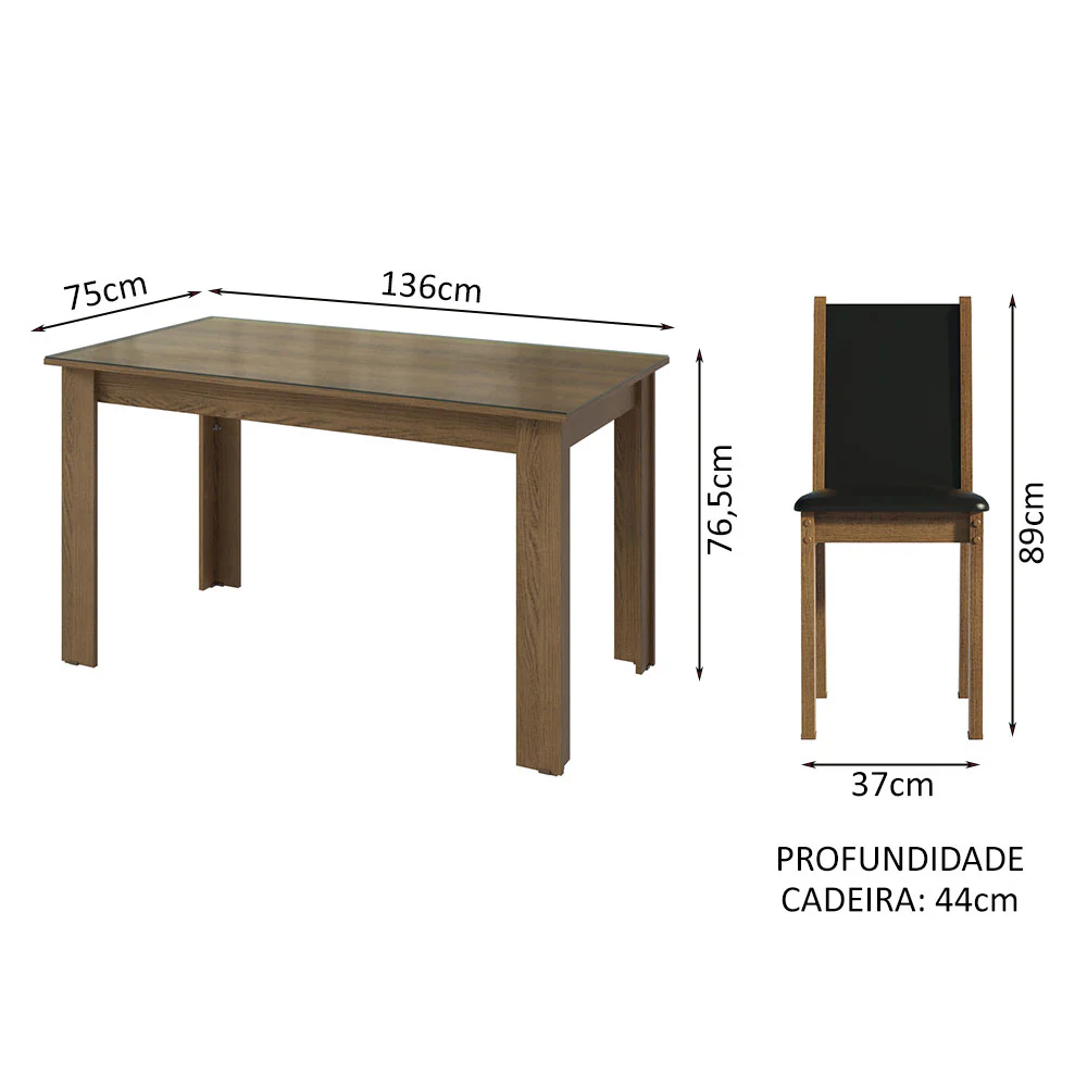 Conjunto Sala de Jantar Mesa Tampo de Vidro 6 Cadeiras Rustic/Preto Heloísa Madesa - Image 3