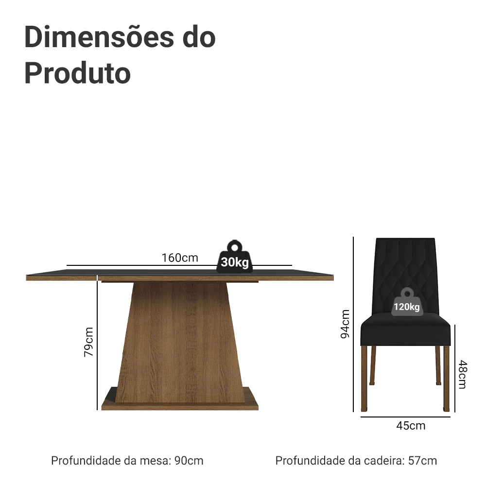 Conjunto Sala de Jantar Mesa Tampo de Vidro 6 Cadeiras Rustic/Preto/Oxford Stéfani Madesa - Image 3