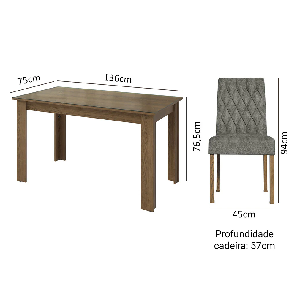 Conjunto Sala de Jantar Mesa Tampo de Vidro 6 Cadeiras Rustic/Silver Odara Madesa - Image 3