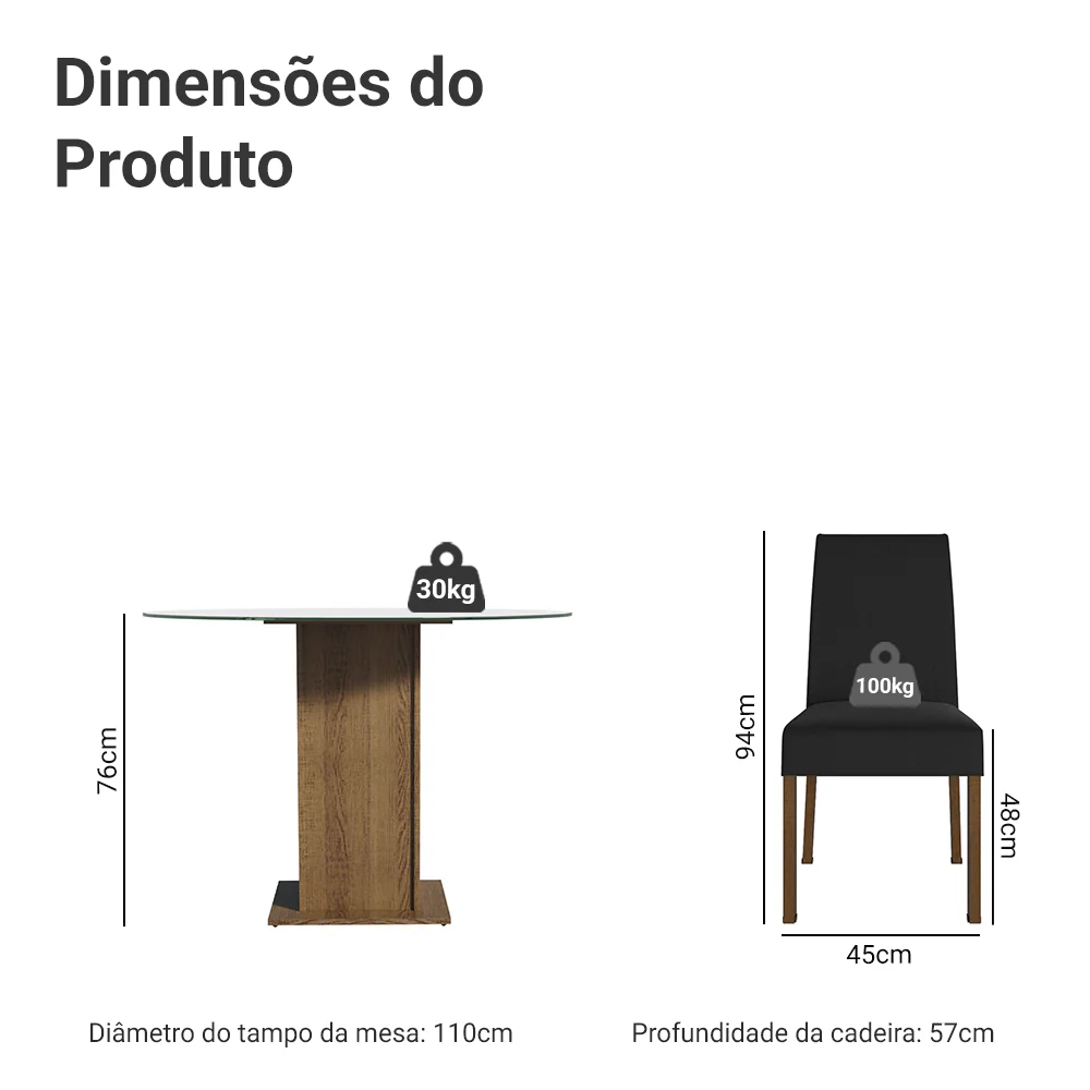 Conjunto Sala de Jantar Mesa Tampo de Vidro Redondo 4 Cadeiras Rustic/Oxford Mile Madesa - Image 3
