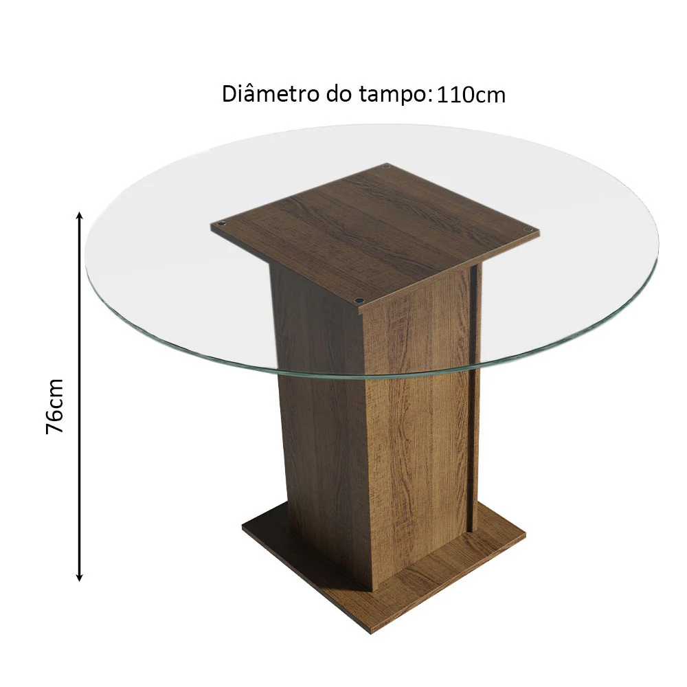 Conjunto Sala de Jantar Mesa Tampo de Vidro Redondo 4 Cadeiras Rustic/Silver Mile Madesa - Image 3