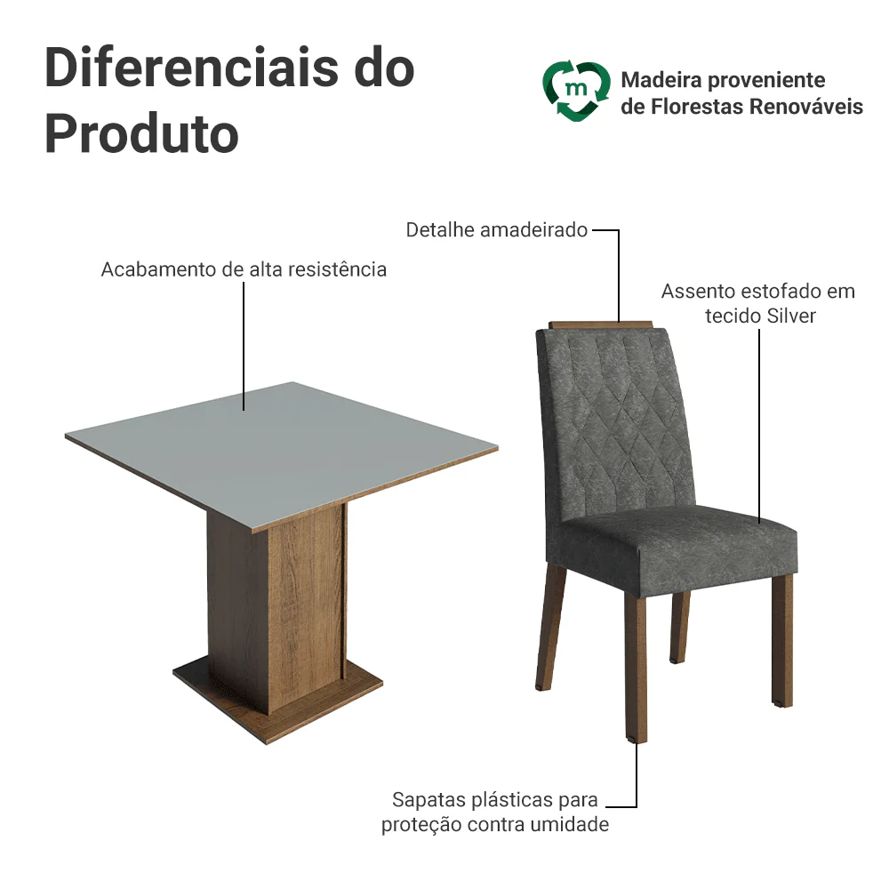 Conjunto Sala de Jantar Tampo de Madeira 4 Cadeiras Rustic/Cinza/Silver Cannes Madesa - Image 4