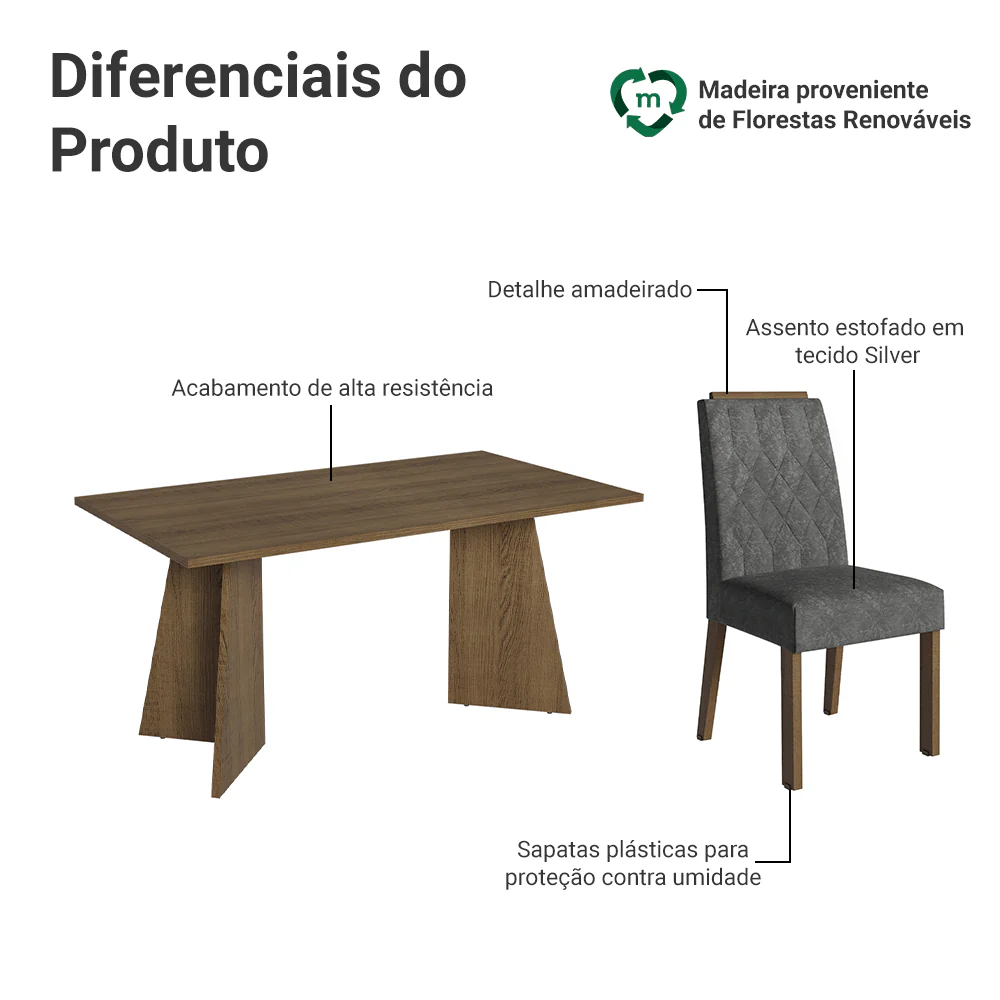 Conjunto Sala de Jantar Tampo de Madeira 6 Cadeiras Rustic/Silver Leon Madesa - Image 4