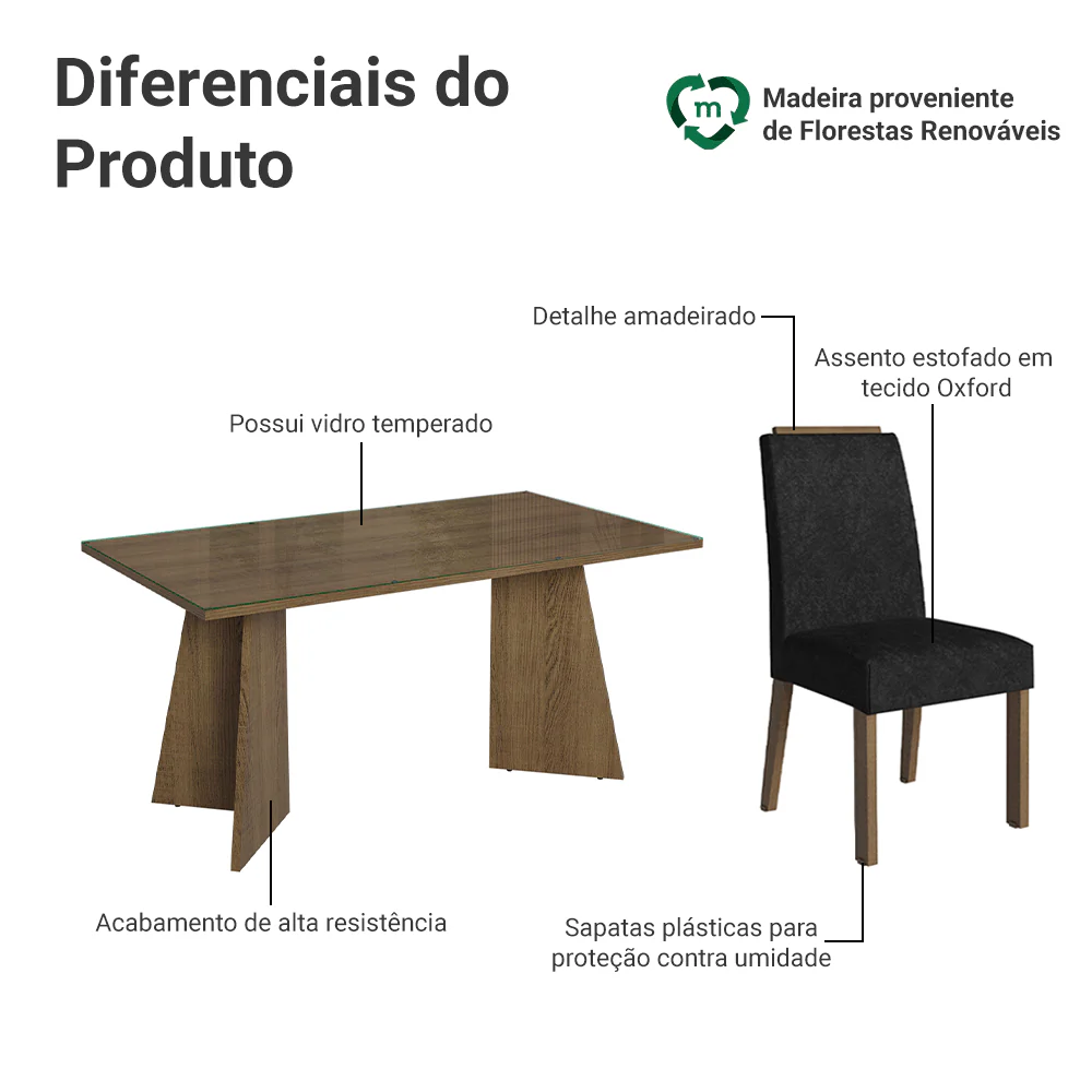 Conjunto Sala de Jantar Tampo de Vidro 4 Cadeiras Rustic/Oxford Braga Madesa - Image 4