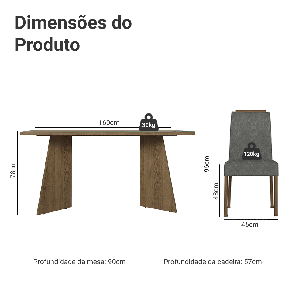 Conjunto Sala de Jantar Tampo de Vidro 4 Cadeiras Rustic/Silver Braga Madesa - Image 3