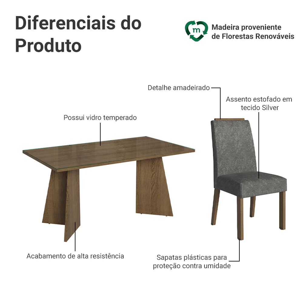 Conjunto Sala de Jantar Tampo de Vidro 4 Cadeiras Rustic/Silver Braga Madesa - Image 4
