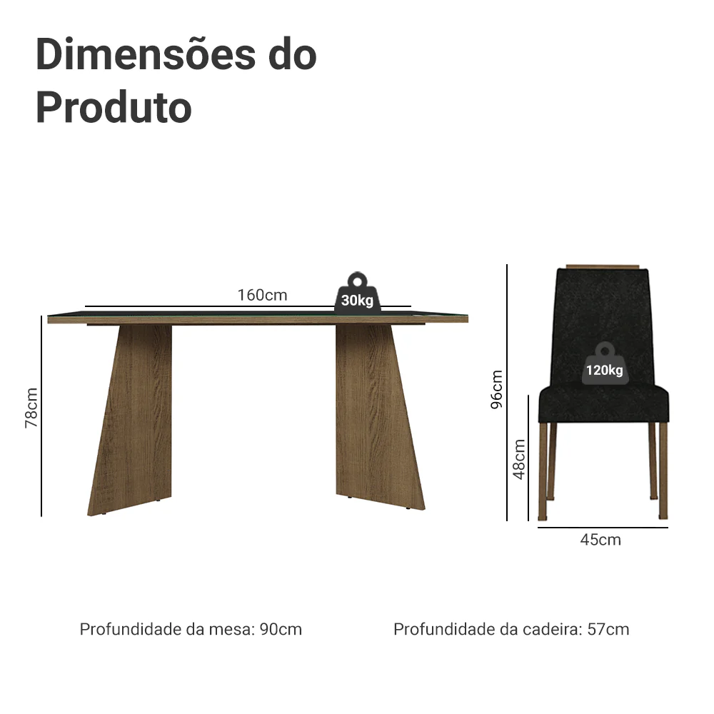 Conjunto Sala de Jantar Tampo de Vidro 6 Cadeiras Rustic/Preto/Oxford Madrid Madesa - Image 3