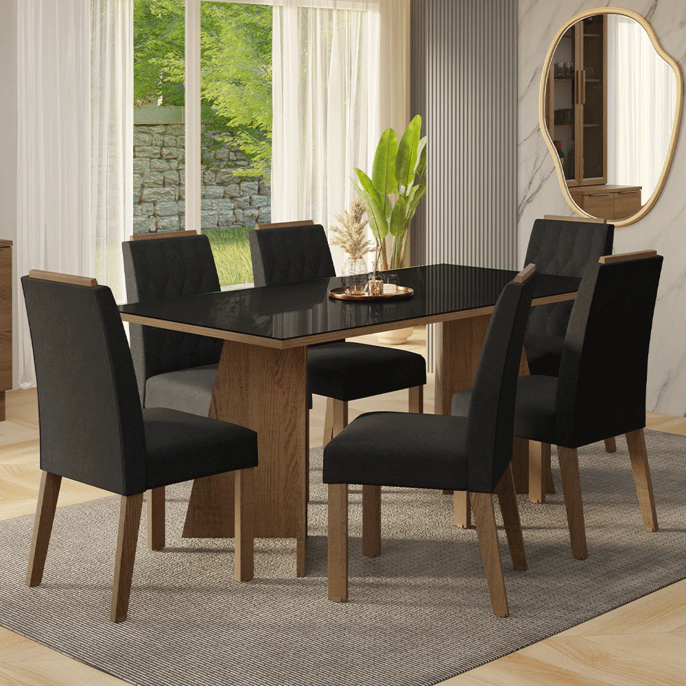 Conjunto Sala de Jantar Tampo de Vidro 6 Cadeiras Rustic/Preto/Oxford Siena Madesa