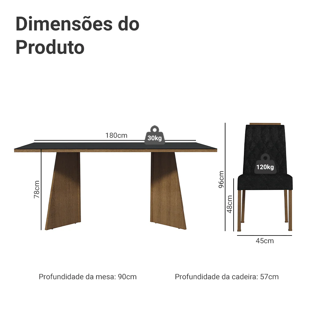 Conjunto Sala de Jantar Tampo de Vidro 6 Cadeiras Rustic/Preto/Oxford Siena Madesa - Image 3