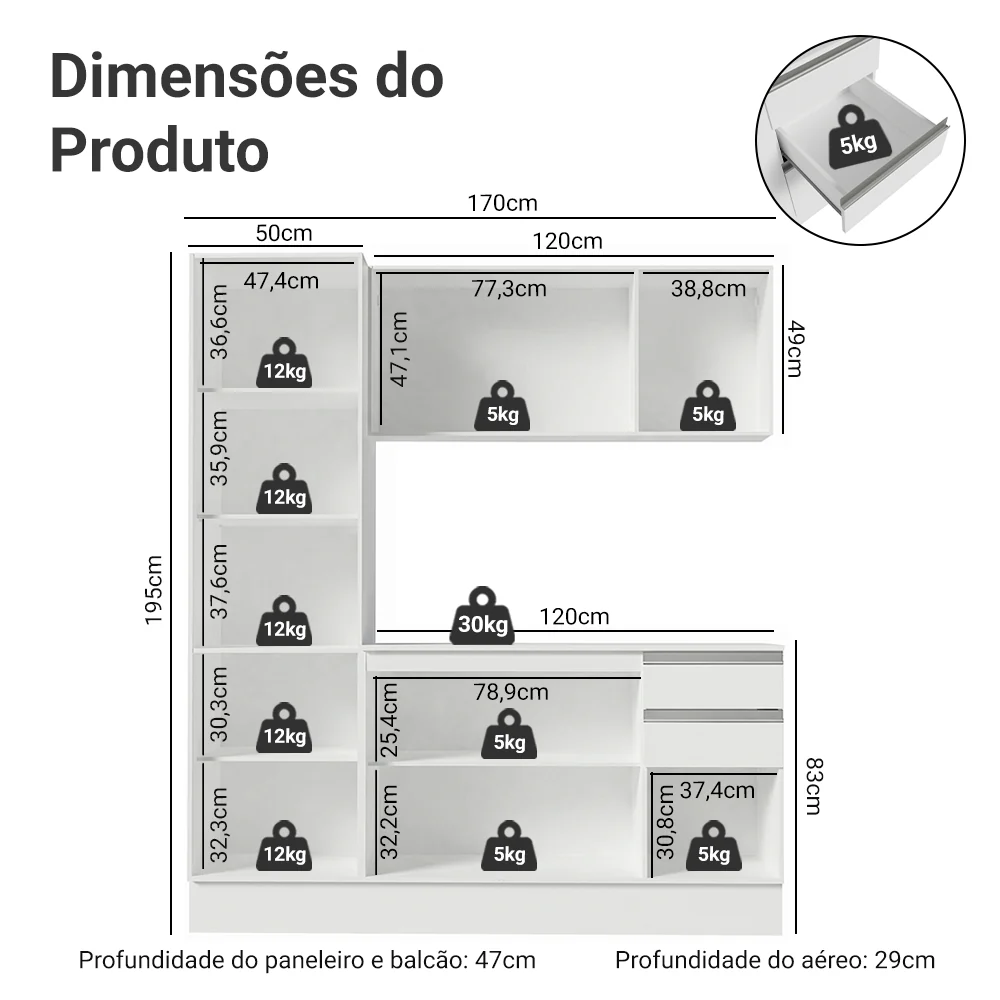 Armário de Cozinha Compacta 100% MDF 170 cm Branco Smart Madesa 01 - Image 3