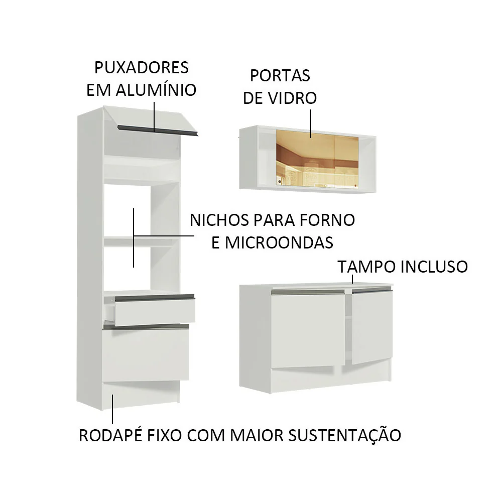 Armário de Cozinha Compacta  com Balcão e Tampo Branco Diamante Pop Madesa - Image 4