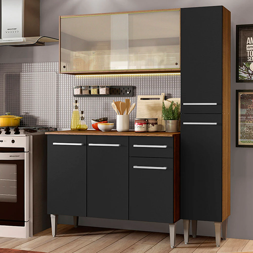 Armário de Cozinha Compacta 137cm Rustic/Preto Emilly Force Madesa 02